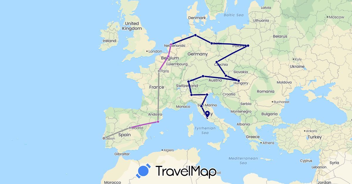 TravelMap itinerary: driving, plane, train in Austria, Belgium, Switzerland, Czech Republic, Germany, Spain, France, Hungary, Italy, Netherlands, Poland, Portugal (Europe)